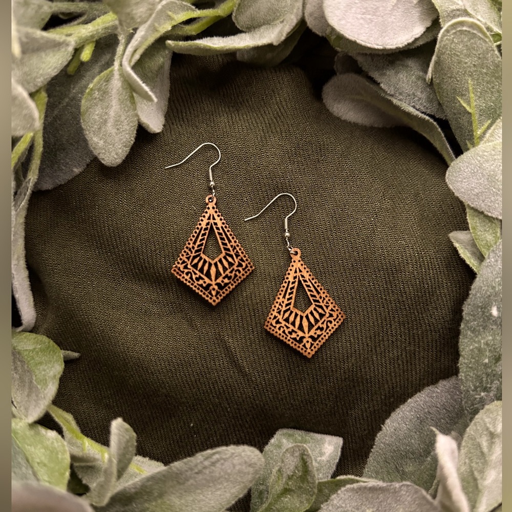 Intricately shaped laser-cut, wood drop earrings